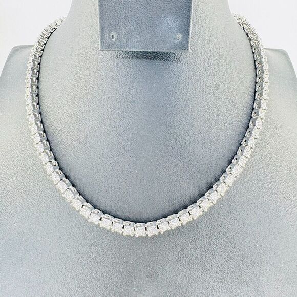 Tennis Chain Necklace Dazzling Prong Setting over Silver Plated Round Faux Stone - Picture 1 of 10